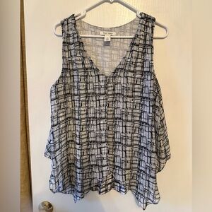 WHBM White V-Neck Tank with Black Printed Designs - Size M